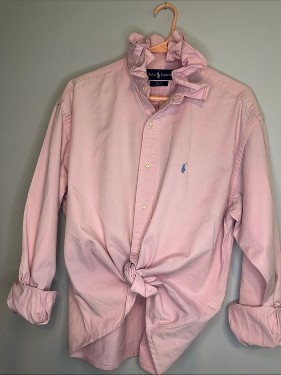 Ralph Lauren Tops - Ralph Lauren Light Pink Oxford Ruffled collar Shirt with Blue Pony